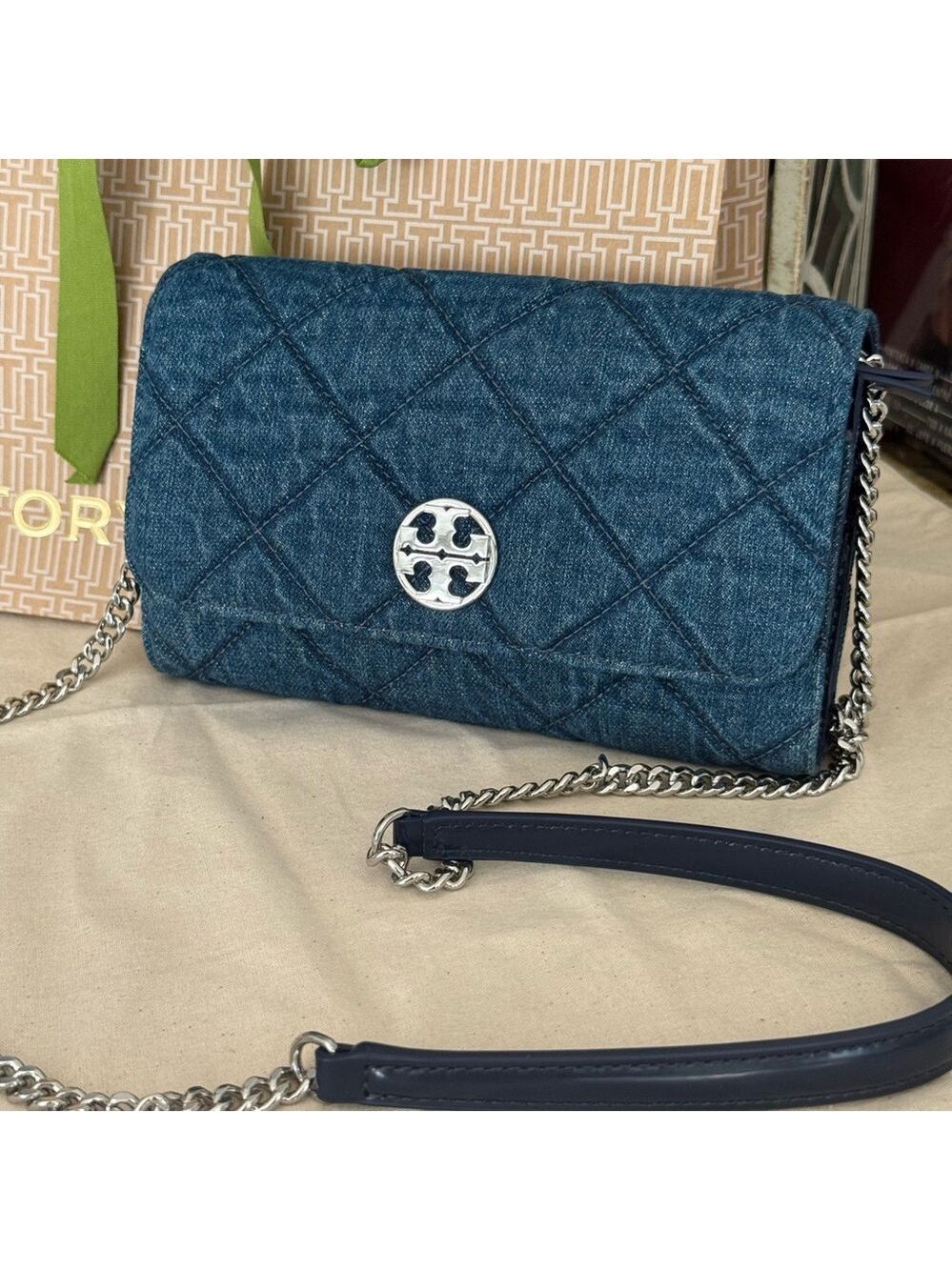 Tory Burch Willa Chain Wallet Crossbody Clutch Bag 163012 Denim $425